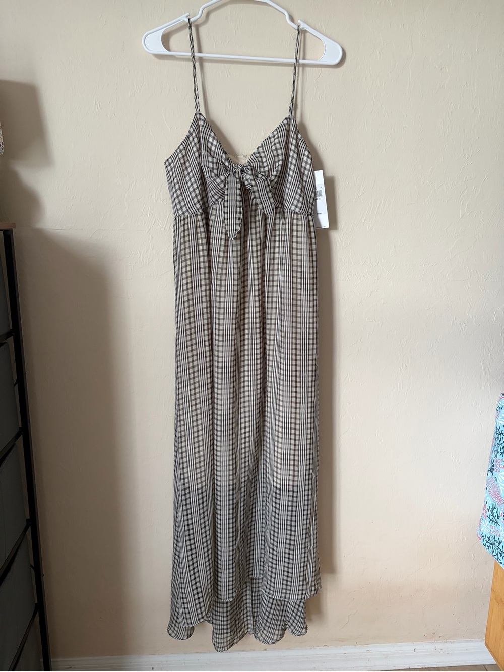 NWT Calvin Klein Black and Cream Plaid Spaghetti Strap DRESS